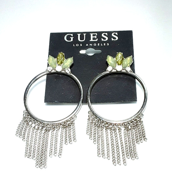 NWT GUESS Los Angeles Silver Tone Hoops Chain Tassels Crystal Boho Earrings - Picture 1 of 4